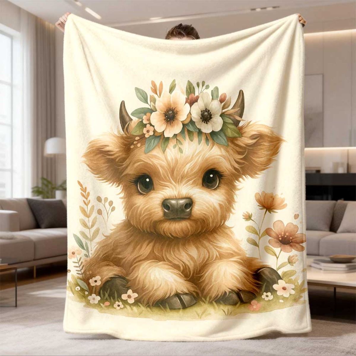 Highland Home Textiles - Uroczy koc flanelowy z motywem cielęcia